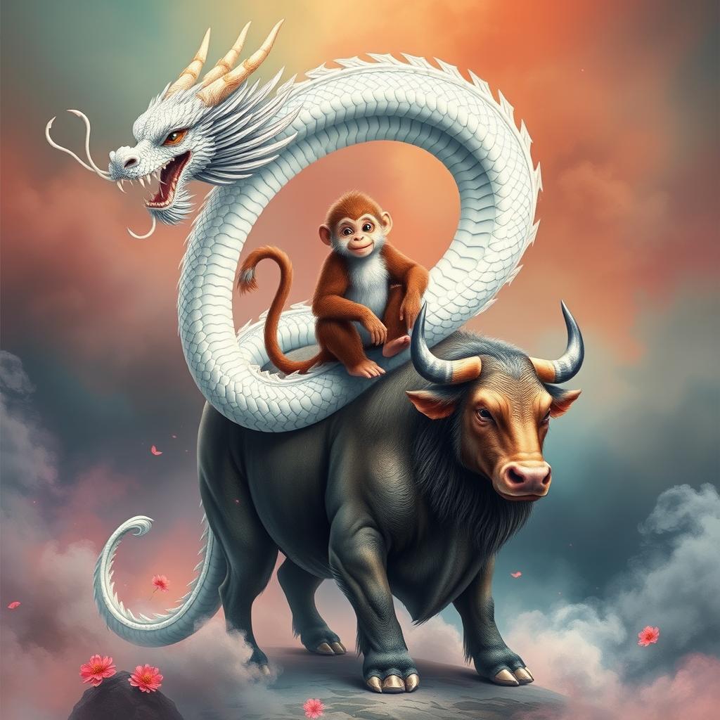 A stunning wallpaper depicting a majestic Chinese dragon with white skin elegantly coiled around a playful monkey sitting atop a powerful bull's back