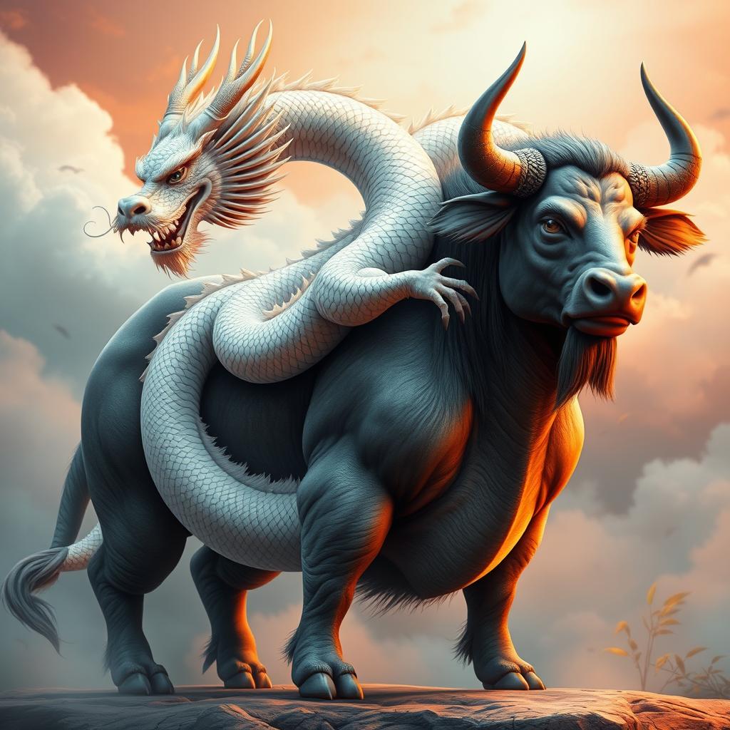 A stunning digital wallpaper featuring a majestic Chinese dragon with white skin gracefully coiled around the back of a powerful bull