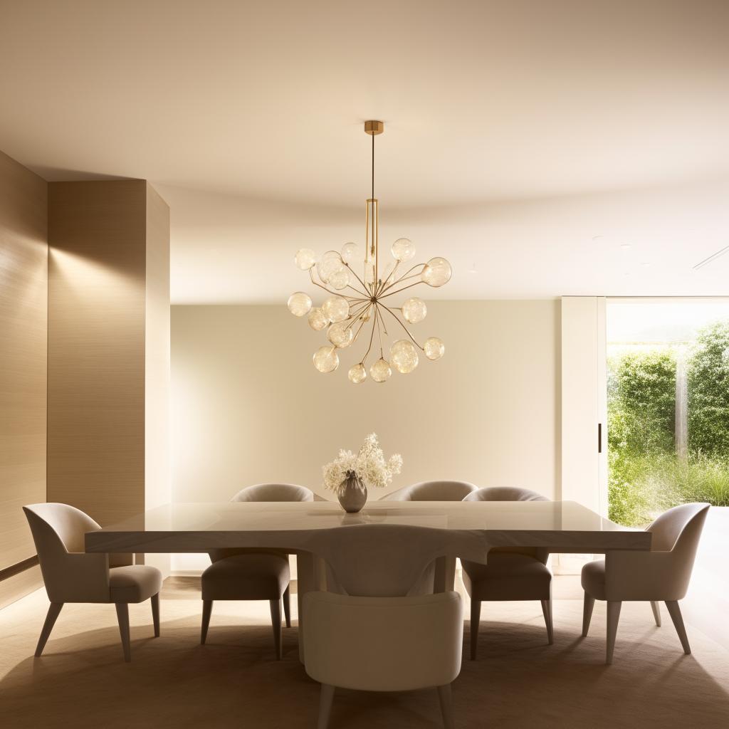 A minimalist, elegant dining area with a sleek table, clean lines, sophisticated chairs, ambient lighting, and subtle, tasteful decorations.