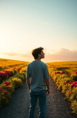 A person standing at a crossroad in a beautiful, serene landscape, symbolizing a fresh start in life