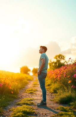 A person standing at a crossroad in a beautiful, serene landscape, symbolizing a fresh start in life