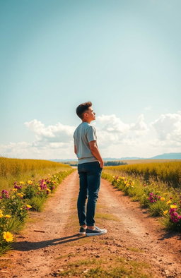 A person standing at a crossroad in a beautiful, serene landscape, symbolizing a fresh start in life