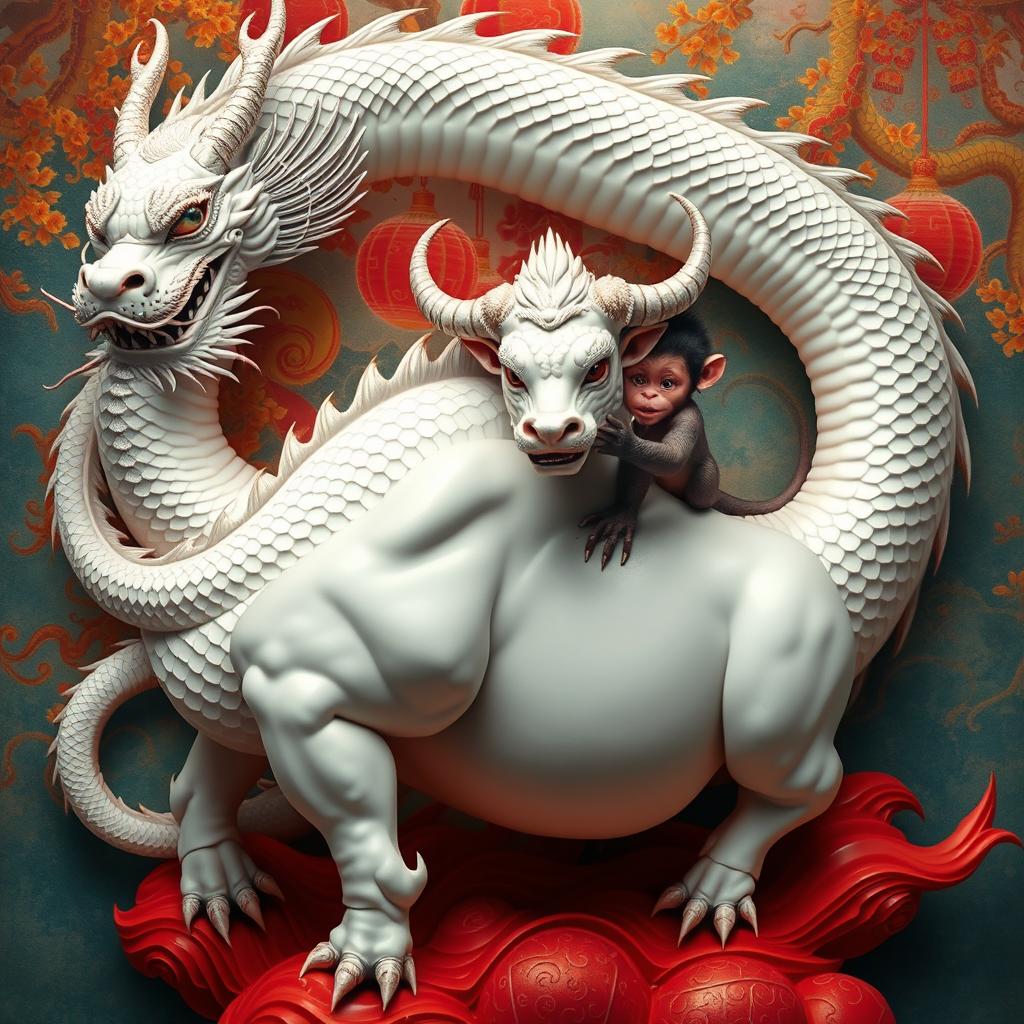 A majestic Chinese dragon with white skin gracefully coiling around a powerful bull, adorned with intricate scales and shimmering accents
