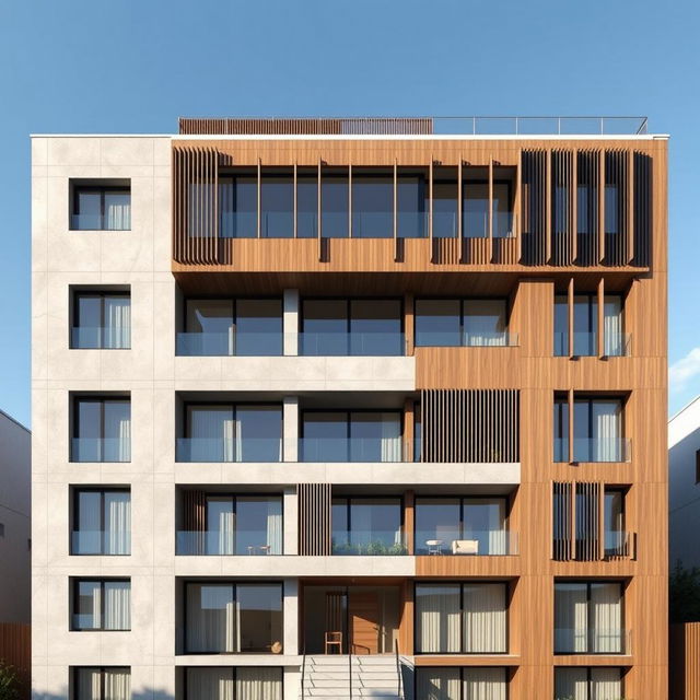 An architectural visualization depicting a contemporary building design that skillfully integrates both symmetry and asymmetry, creating a characterful yet balanced appearance