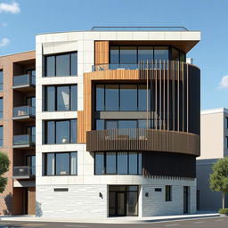 A captivating architectural depiction of a modern building design that embodies balanced proportions with a combination of symmetry and asymmetry, creating unique character while maintaining equilibrium