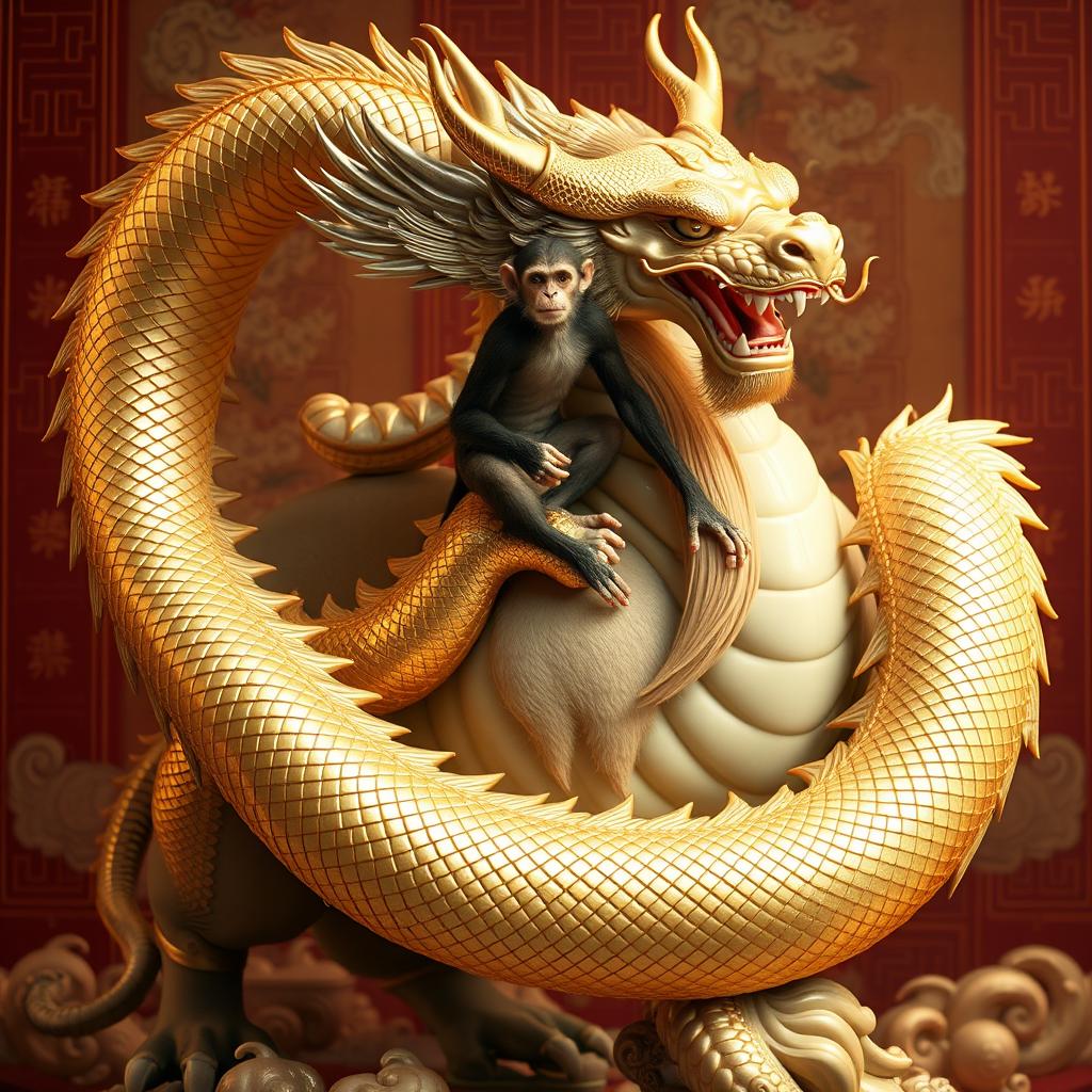 A majestic Chinese dragon with shimmering gilded skin elegantly coiling around a powerful bull, which has a playful monkey perched on its back