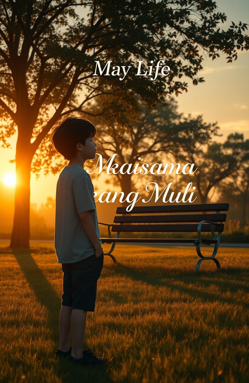 A poignant scene depicting a high school boy standing in a park during a beautiful sunset
