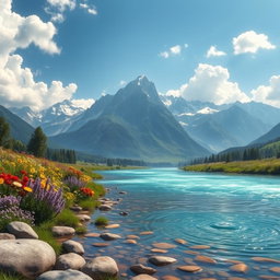 А stunning fantasy landscape featuring a serene river named 'Чарос' flowing through a lush green valley