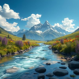 А stunning fantasy landscape featuring a serene river named 'Чарос' flowing through a lush green valley
