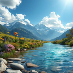 А stunning fantasy landscape featuring a serene river named 'Чарос' flowing through a lush green valley