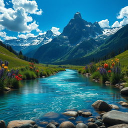 А stunning fantasy landscape featuring a serene river named 'Чарос' flowing through a lush green valley