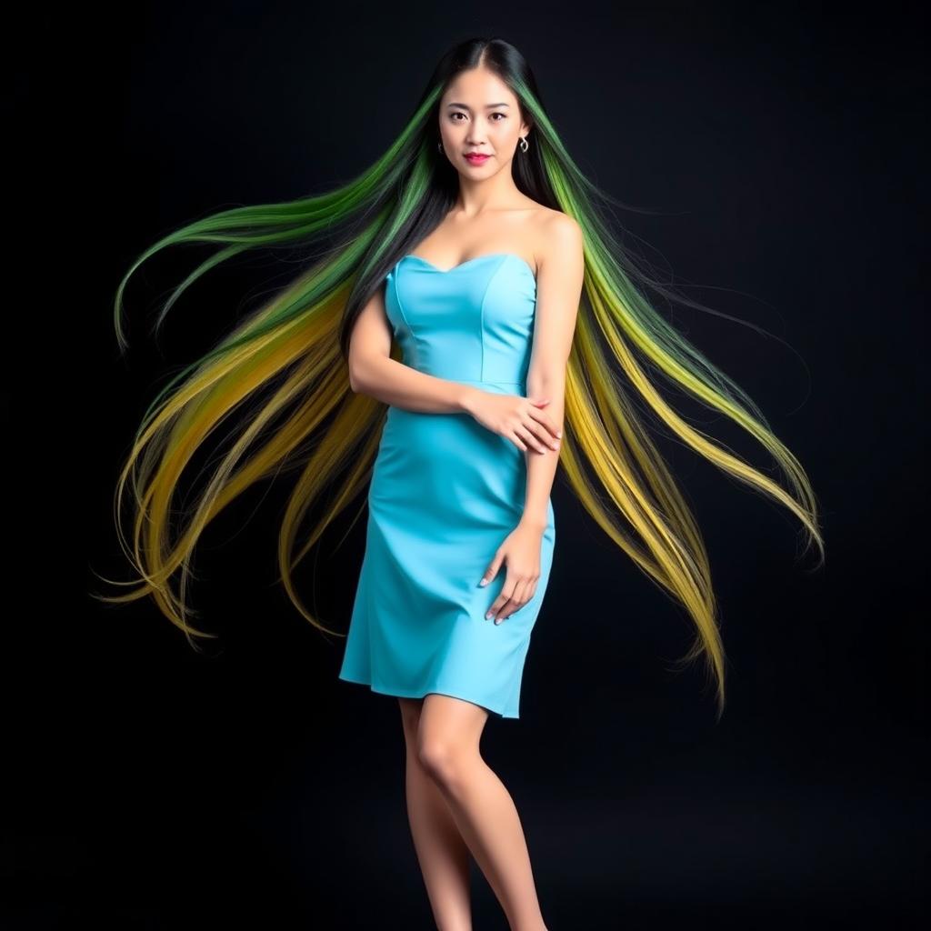 A beautiful Asian woman wearing a knee-length sky blue dress, with long, flowing hair that features shades of green, yellow, and black