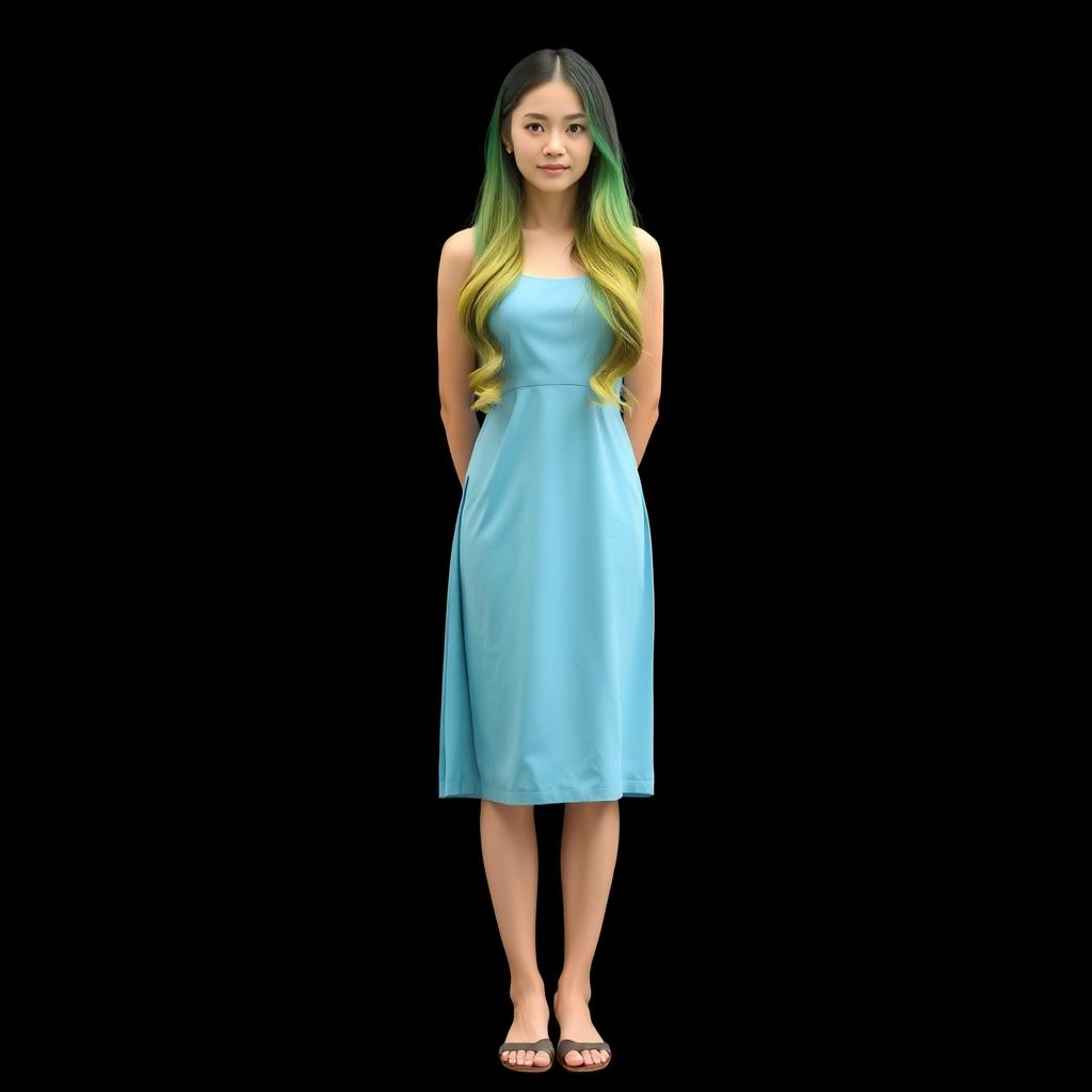 A beautiful Asian woman wearing a knee-length sky blue dress, with long hair showcasing a gradient of green, yellow, and black, standing facing forward