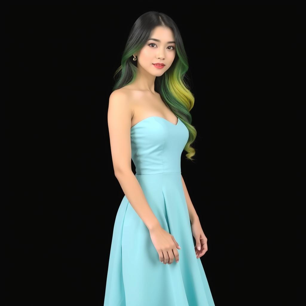 A beautiful Asian woman wearing a sky blue knee-length dress, with long hair styled in a blend of green, yellow, and black colors
