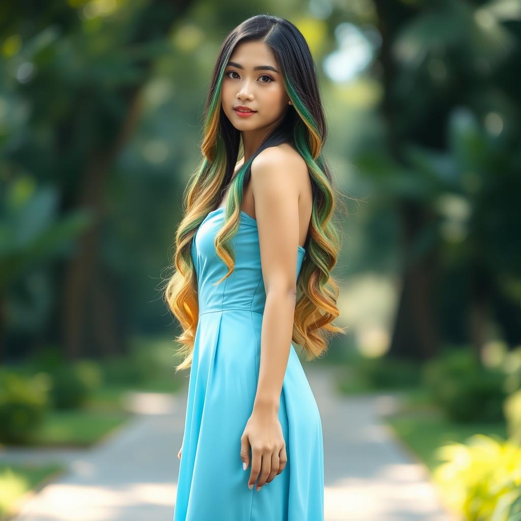 A beautiful Asian woman wearing a knee-length sky blue dress, with long layered hair featuring green, yellow, and black highlights, standing confidently facing forward