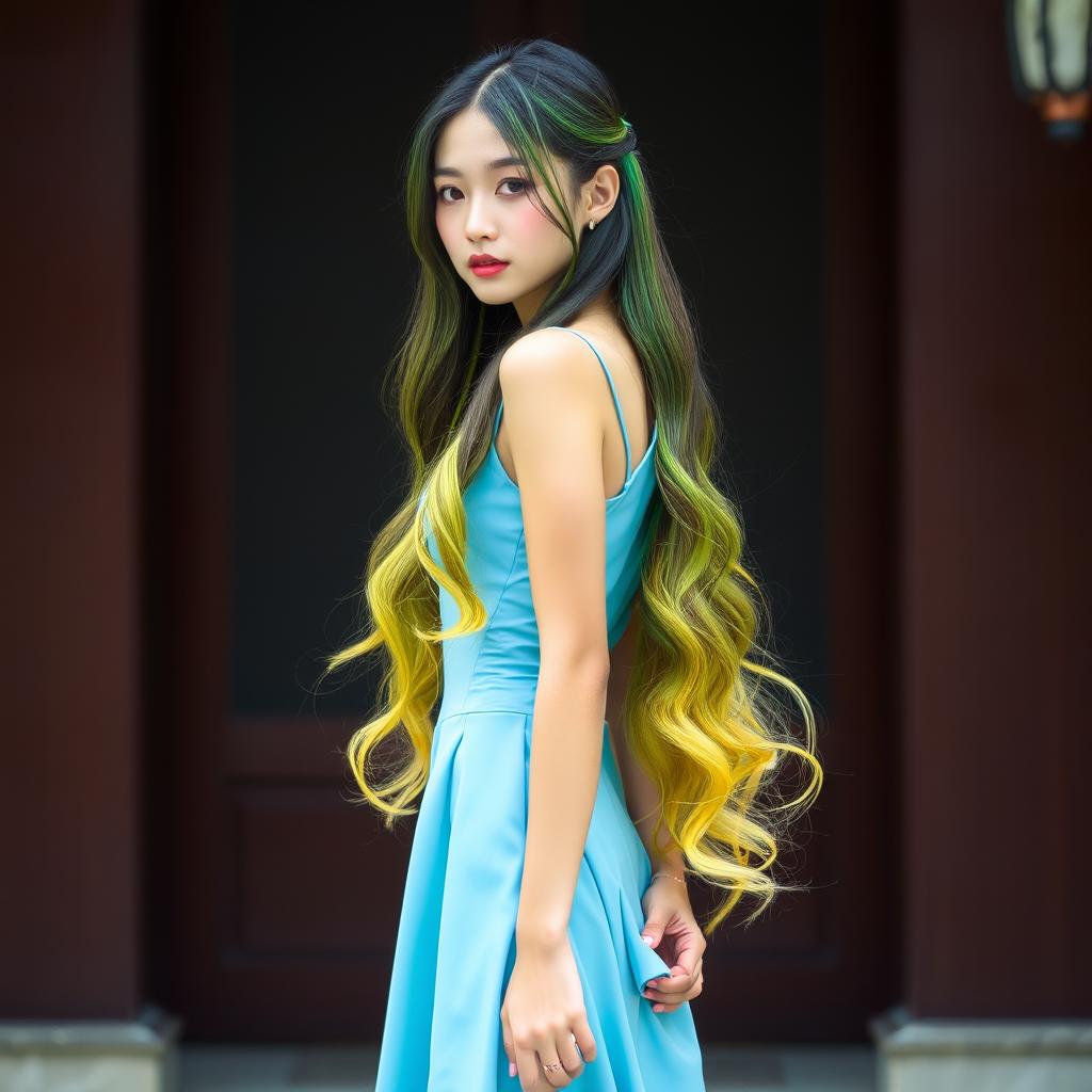 A beautiful Asian woman in a knee-length sky blue dress, with long hair that features green, yellow, and black hues, standing and facing forward