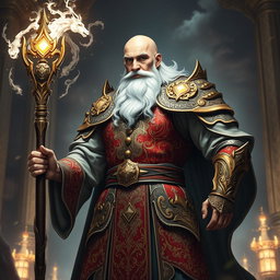 A majestic old man embodying imperial heritage, dressed in intricately designed high fantasy armor that blends elements of a battle mage