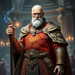 A majestic old man embodying imperial heritage, dressed in intricately designed high fantasy armor that blends elements of a battle mage