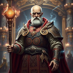 A majestic old man embodying imperial heritage, dressed in intricately designed high fantasy armor that blends elements of a battle mage