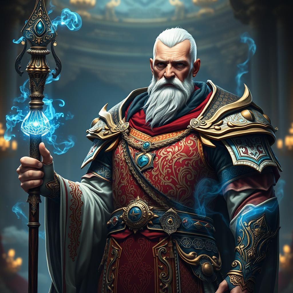 A majestic old man embodying imperial heritage, dressed in intricately designed high fantasy armor that blends elements of a battle mage