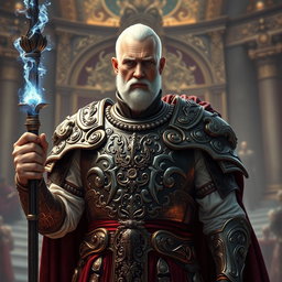 An elderly man of majestic presence, reflecting his imperial heritage, adorned in exquisite high fantasy armor that signifies his role as a battle mage