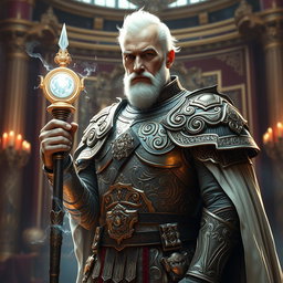 An elderly man of majestic presence, reflecting his imperial heritage, adorned in exquisite high fantasy armor that signifies his role as a battle mage
