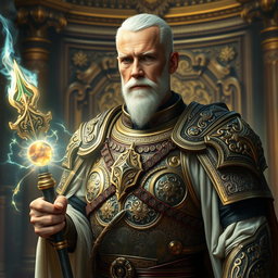 An elderly man of majestic presence, reflecting his imperial heritage, adorned in exquisite high fantasy armor that signifies his role as a battle mage