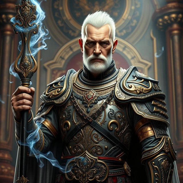 An elderly man of majestic presence, reflecting his imperial heritage, adorned in exquisite high fantasy armor that signifies his role as a battle mage