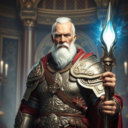 An elderly man of noble stature, showcasing his imperial heritage, clad in exquisite high fantasy armor that denotes his prowess as a battle mage