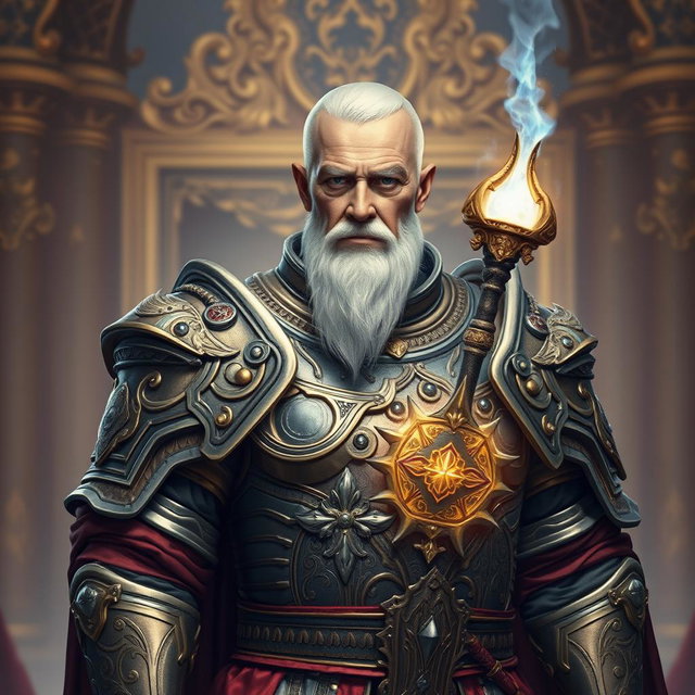 An elderly man of noble stature, showcasing his imperial heritage, clad in exquisite high fantasy armor that denotes his prowess as a battle mage