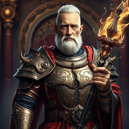 An elderly man of noble stature, showcasing his imperial heritage, clad in exquisite high fantasy armor that denotes his prowess as a battle mage