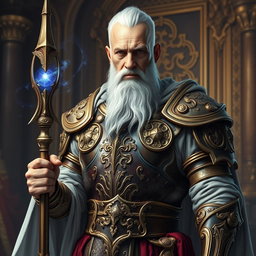 An elderly man of noble stature, showcasing his imperial heritage, clad in exquisite high fantasy armor that denotes his prowess as a battle mage