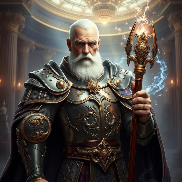 An elderly man of distinguished imperial heritage, clad in exquisite high fantasy armor that highlights his role as a battle mage