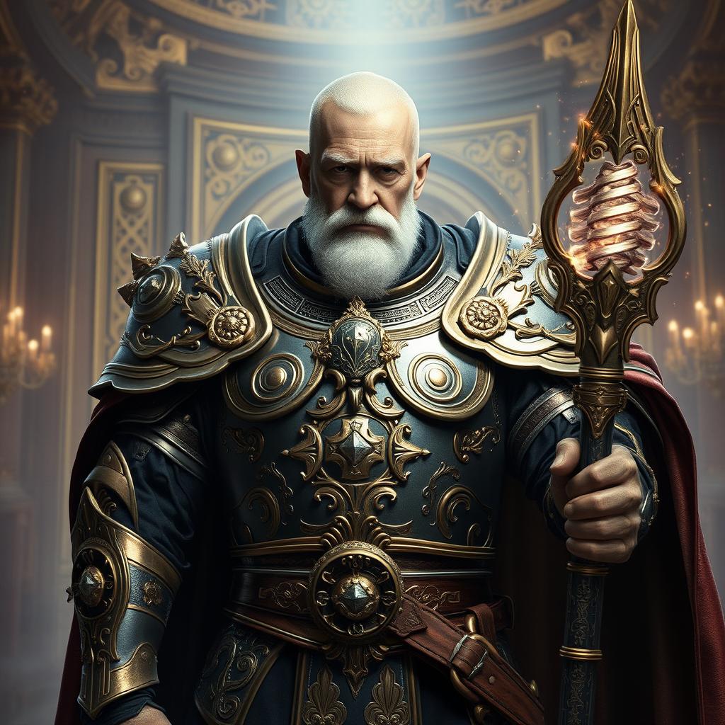 An elderly man of distinguished imperial heritage, clad in exquisite high fantasy armor that highlights his role as a battle mage