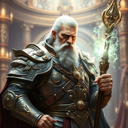 An elderly man of distinguished imperial heritage, clad in exquisite high fantasy armor that highlights his role as a battle mage