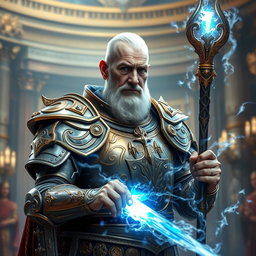 An elderly man of distinguished imperial heritage, clad in exquisite high fantasy armor that highlights his role as a battle mage
