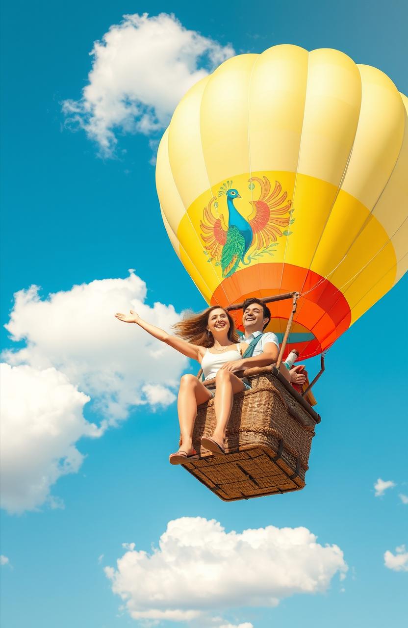 A vibrant scene depicting a hot sunny day featuring a woman and a man joyfully floating in a hot air balloon