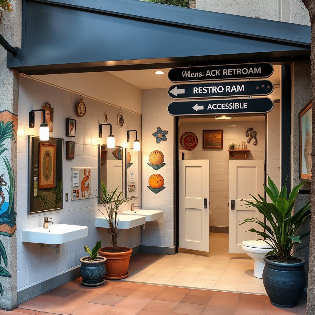 A beautifully designed public restroom for tourists, featuring modern amenities and a clean, inviting atmosphere