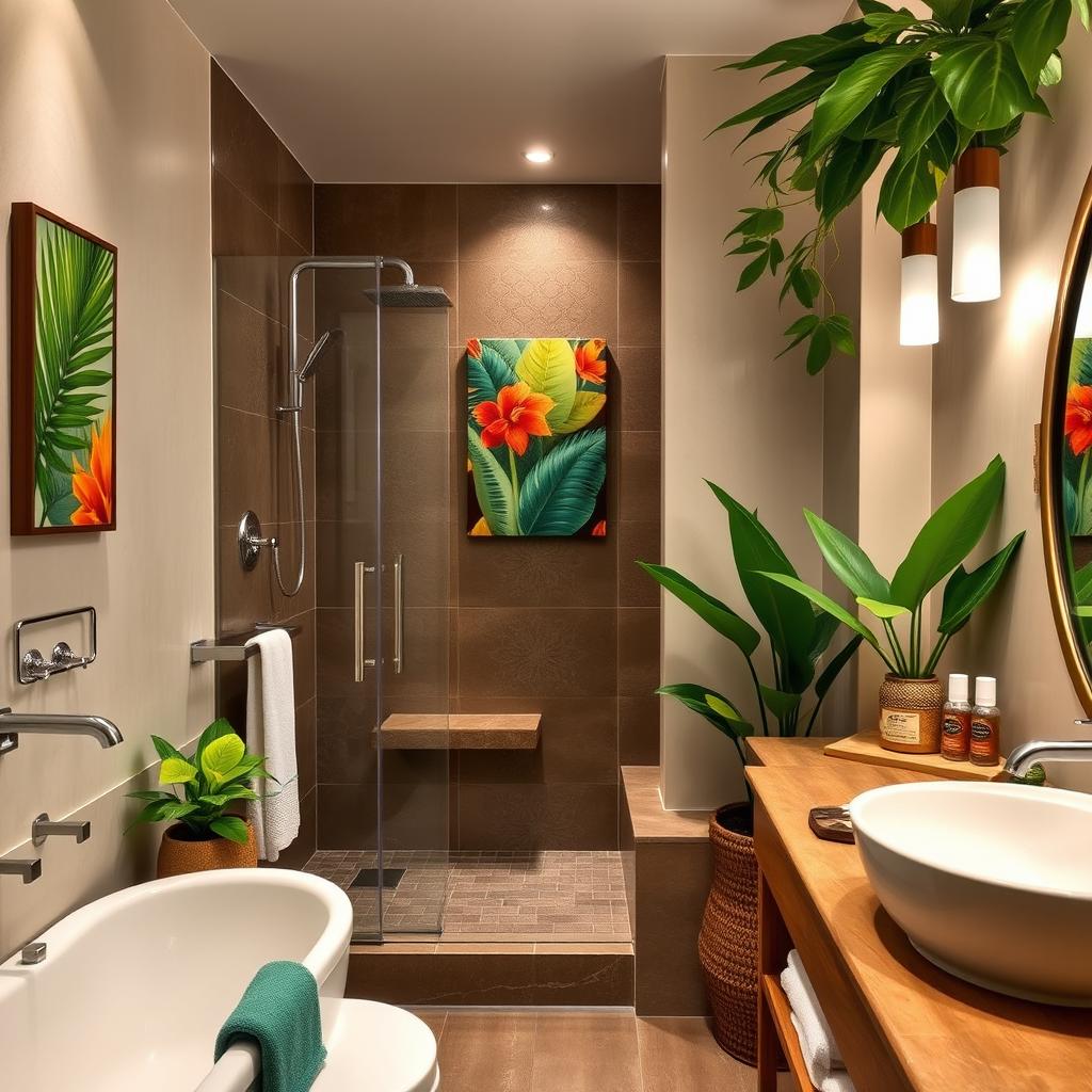 A beautifully designed bathroom particularly suited for tourists, featuring modern fixtures and amenities
