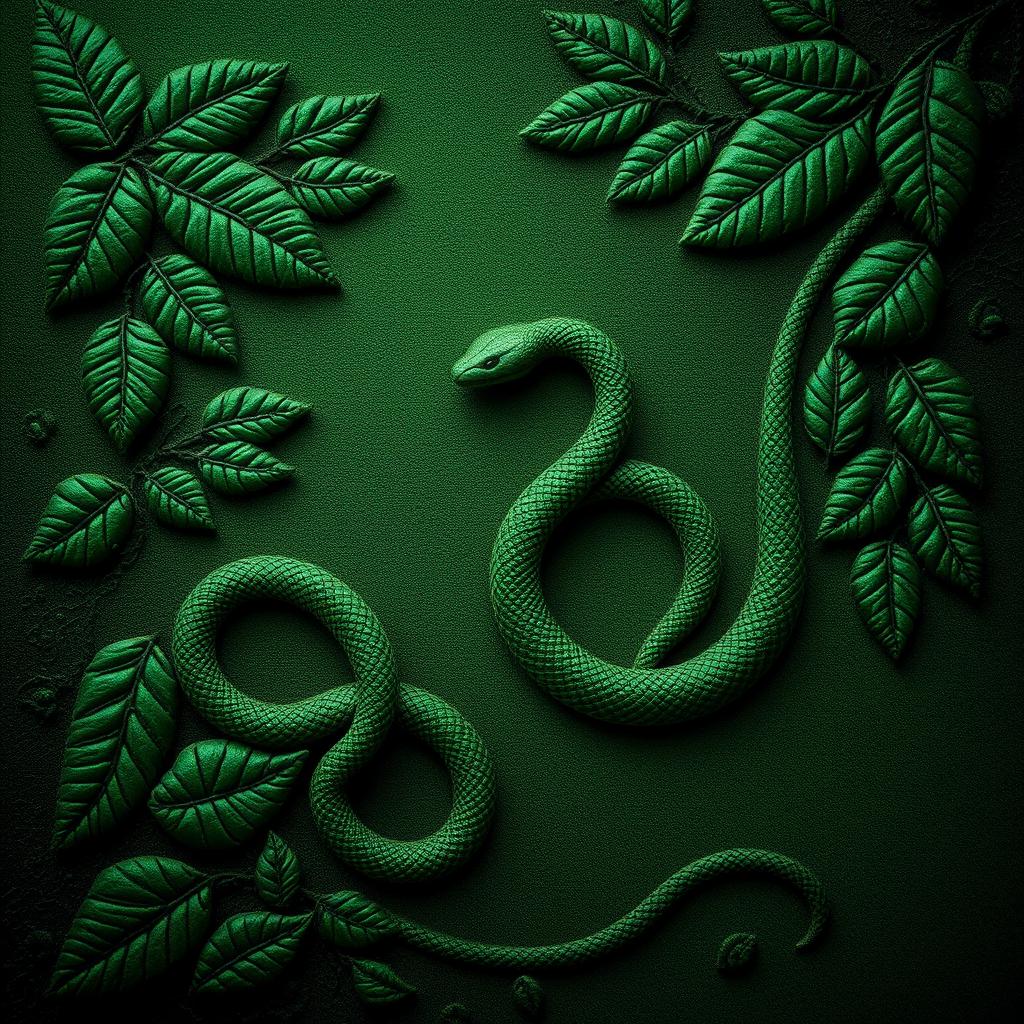 A textured background in deep shades of green, showcasing intricate embroideries with leaf motifs