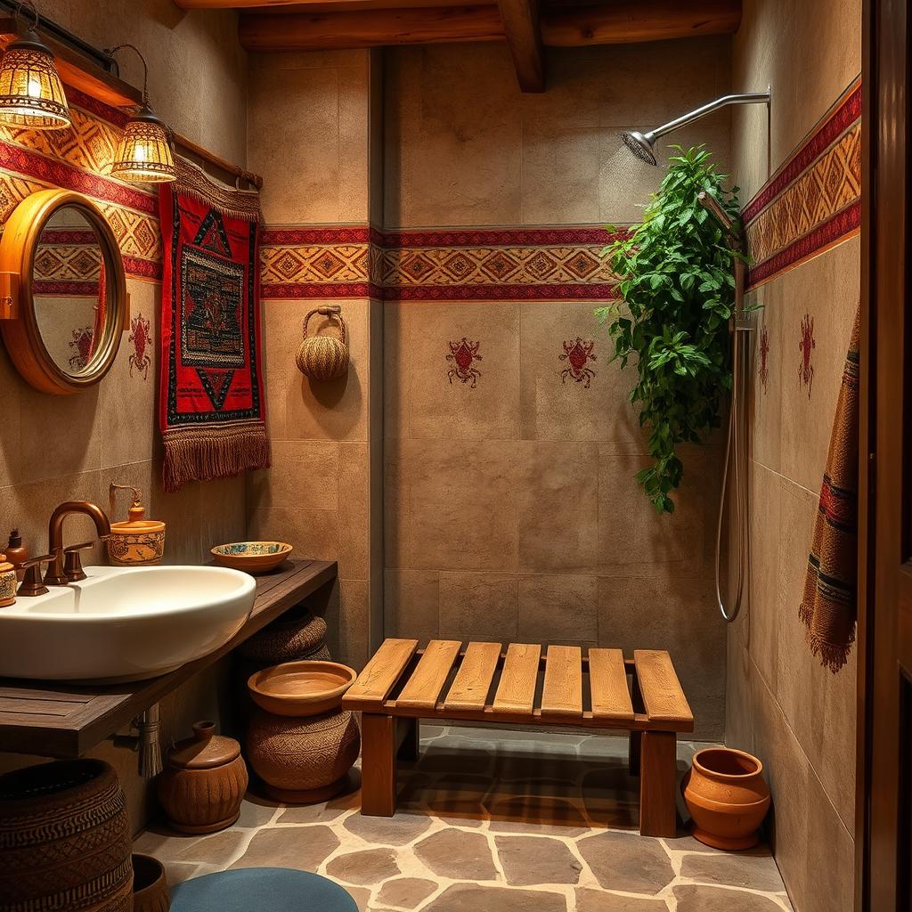 An Andean-themed bathroom tailored for tourists, showcasing traditional elements from the Andes region