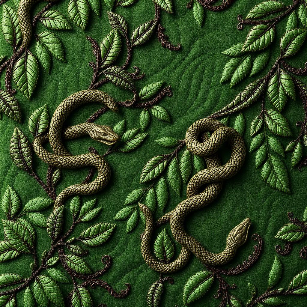 A richly textured background in varying shades of green, adorned with intricate embroideries that feature detailed leaf motifs