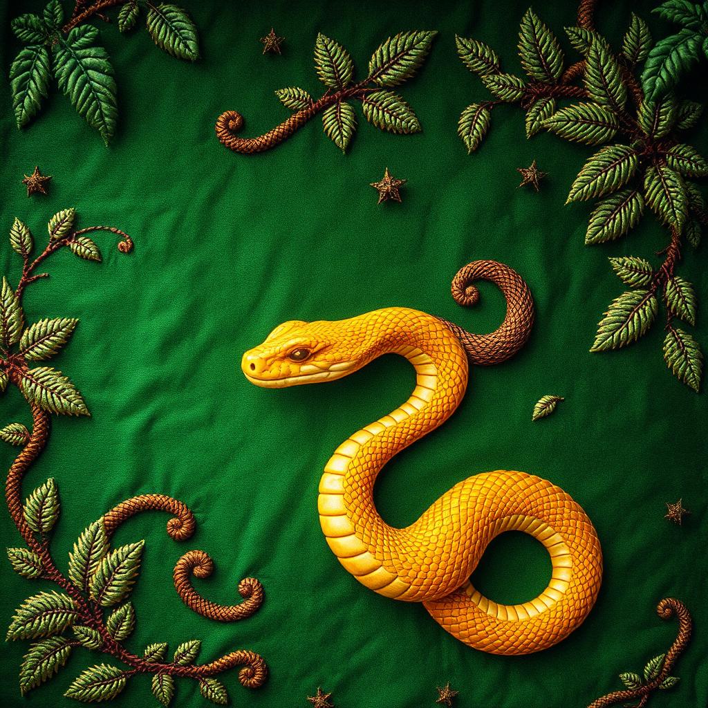 A richly textured background in varying shades of green, adorned with intricate embroideries and detailed leaf motifs