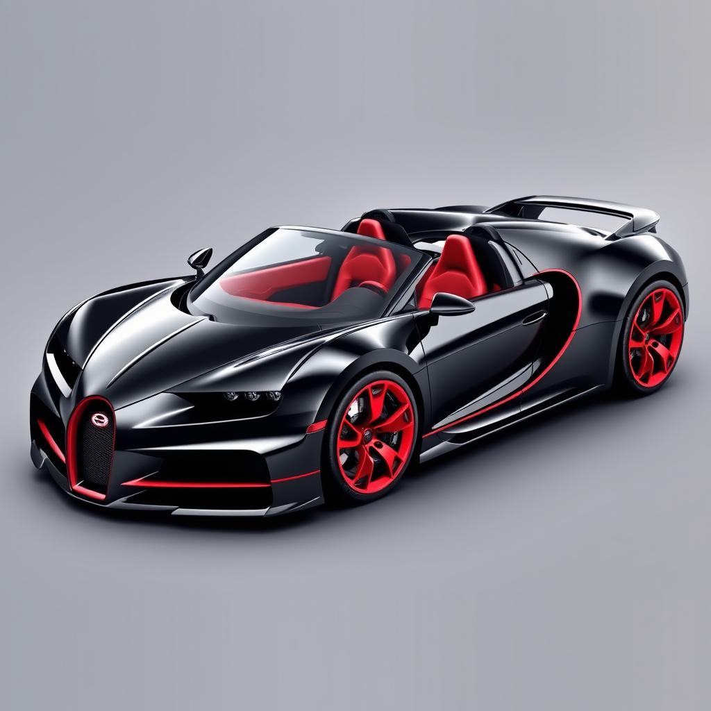 A sleek two-seater sports car in a striking black with red accents