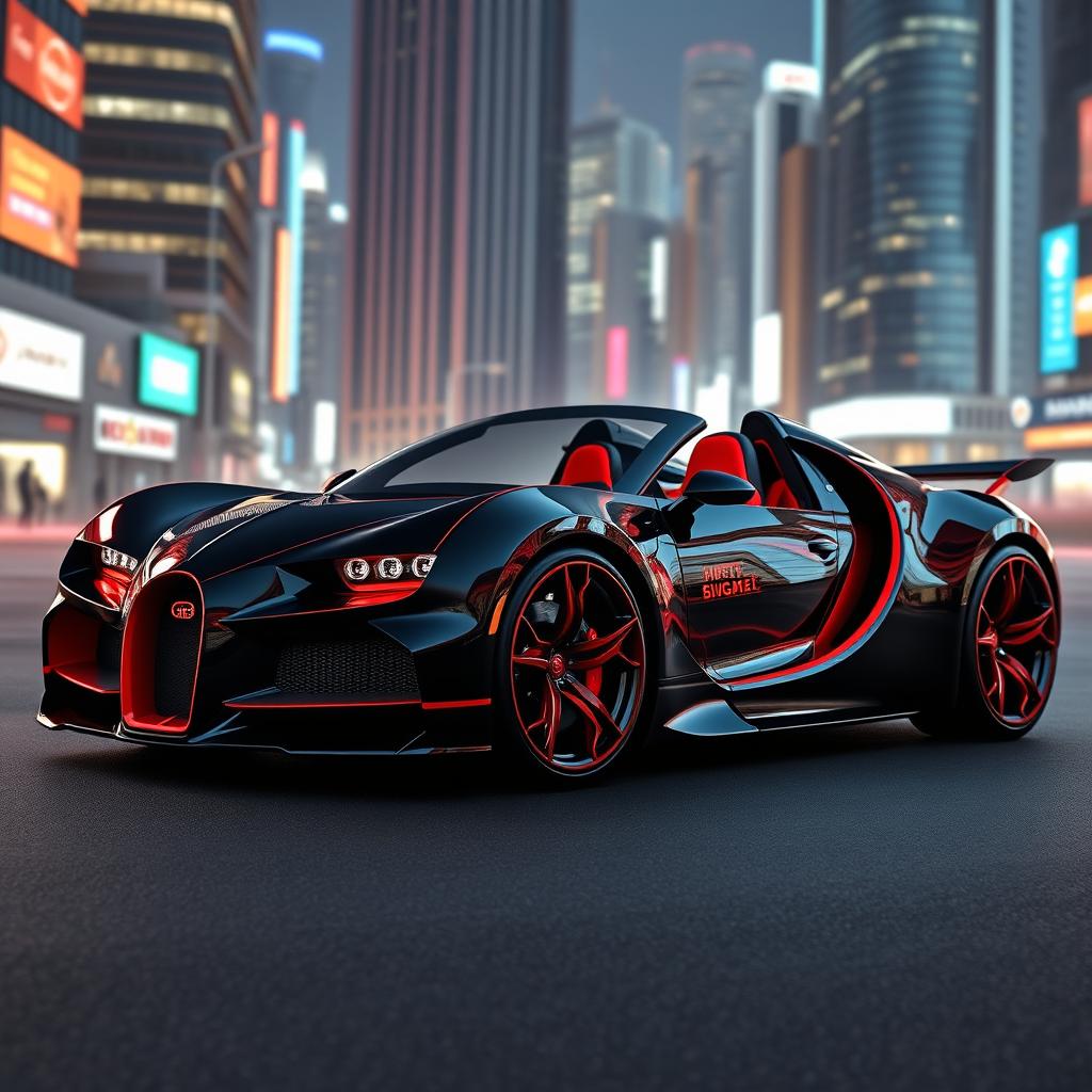 A futuristic two-seater sports car in black with red accents, featuring star-shaped red wheels and black tires