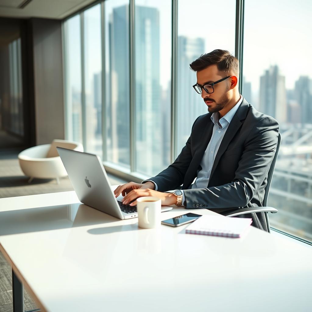 A professional office worker sitting at a sleek modern desk, typing on a laptop with a focused expression