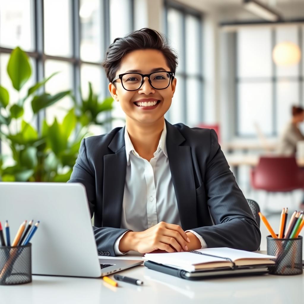 A professional office worker sitting at a modern desk with a laptop, wearing glasses and a smart-casual outfit, surrounded by office supplies like pens and notebooks