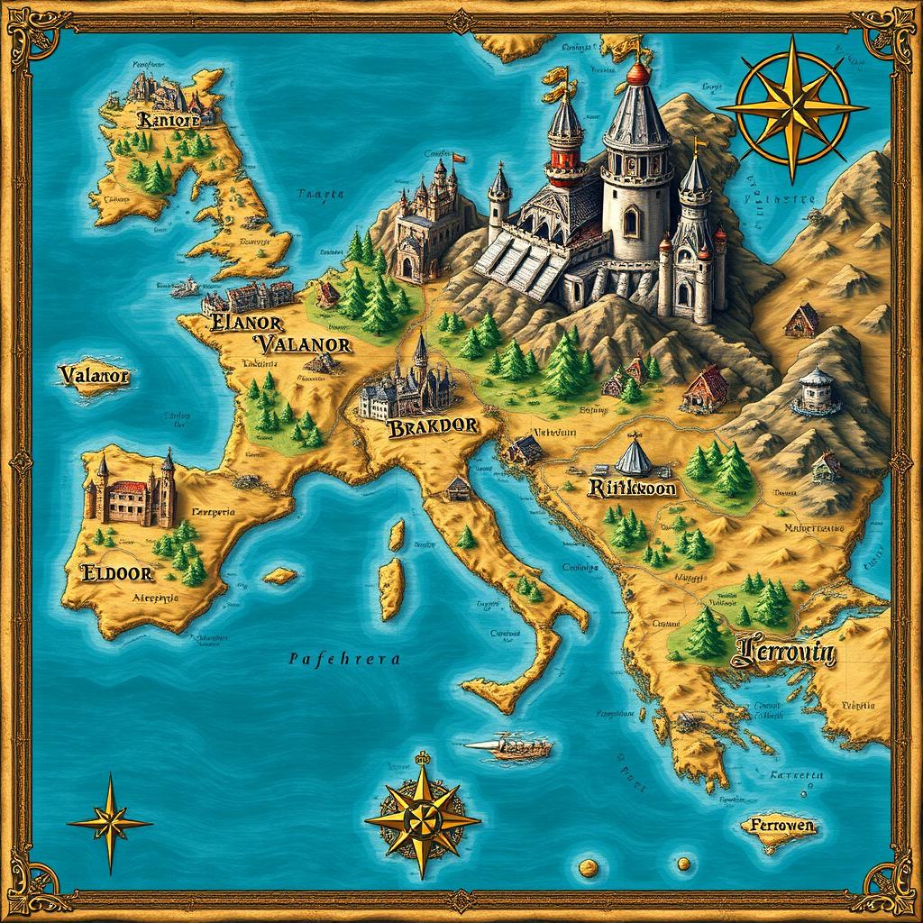A detailed map of a fictional continent divided into eleven medieval kingdoms, each with its own distinct geographical features and borders