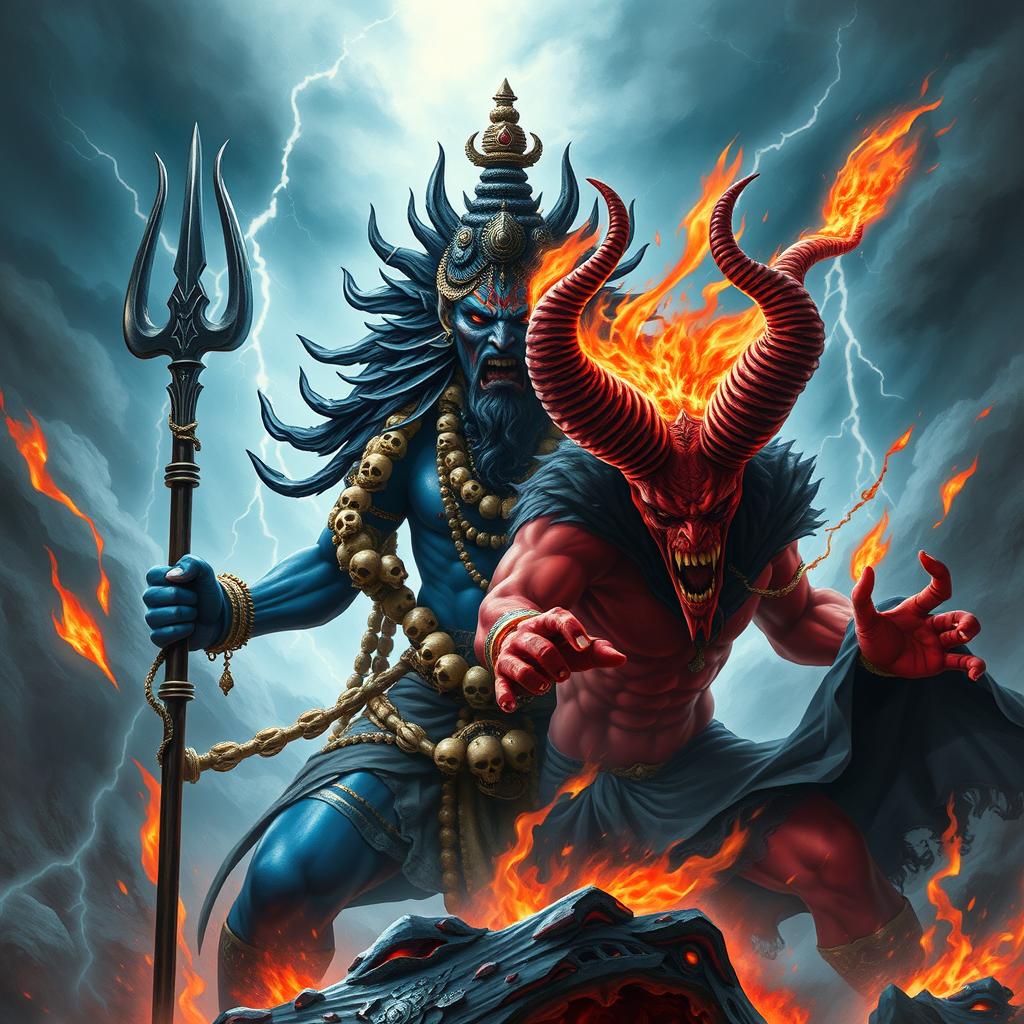 A dramatic and mystical showdown between Kaal Bhairava, a fierce deity with dark blue skin, adorned with a garland of skulls, wielding a trident and showcasing an intense expression, and Satanas, a menacing figure with fiery red skin, large twisted horns, and a dark cloak, surrounded by ominous flames