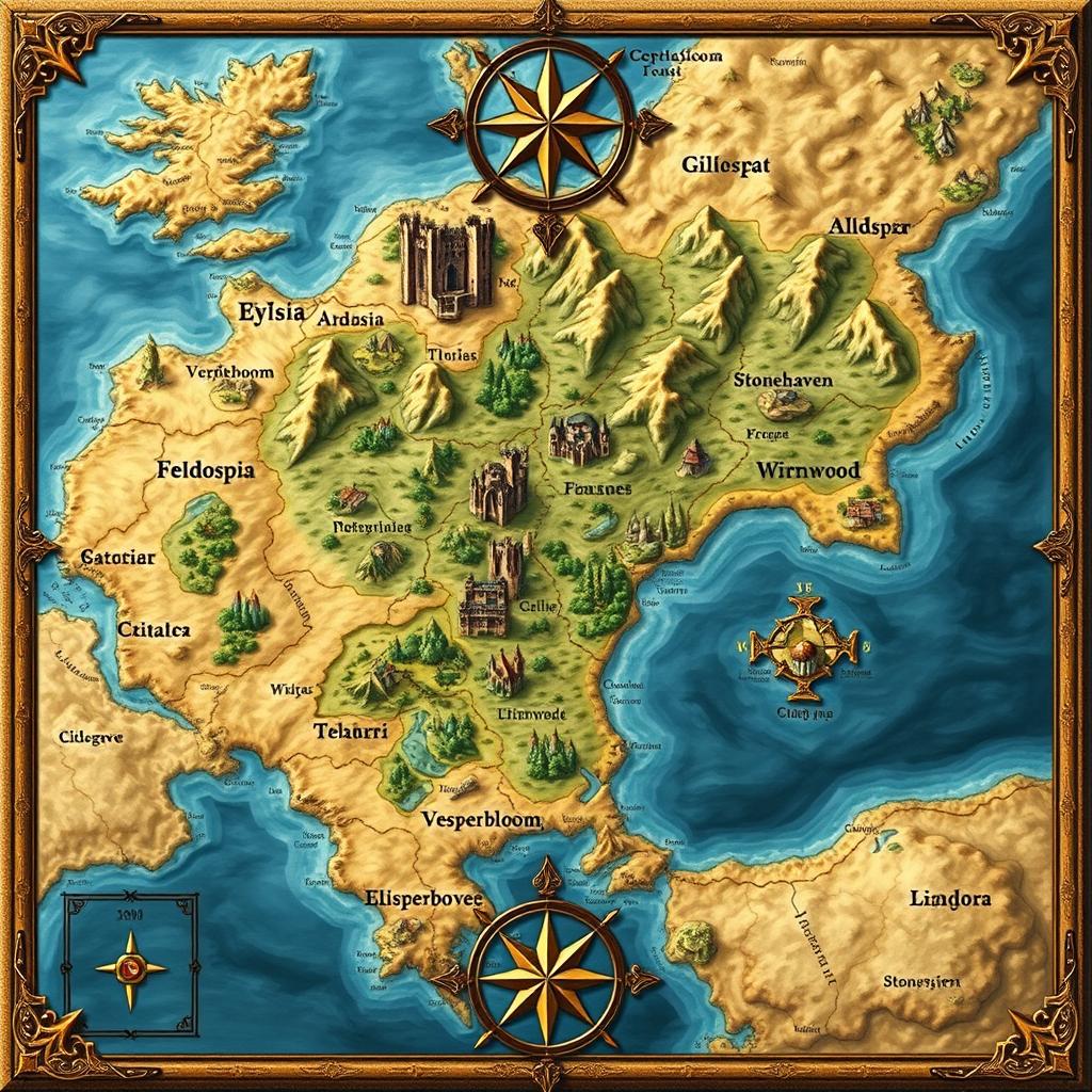 A detailed map of an imaginary continent divided into eleven medieval kingdoms, showcasing distinctive borders and geographical features for each kingdom